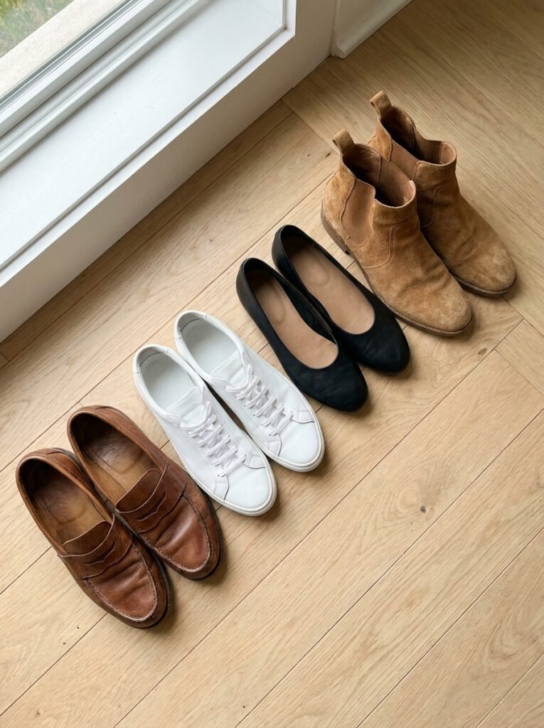 Loafers, white sneakers, ballet flats, and suede ankle boots lined up on a wood floor
