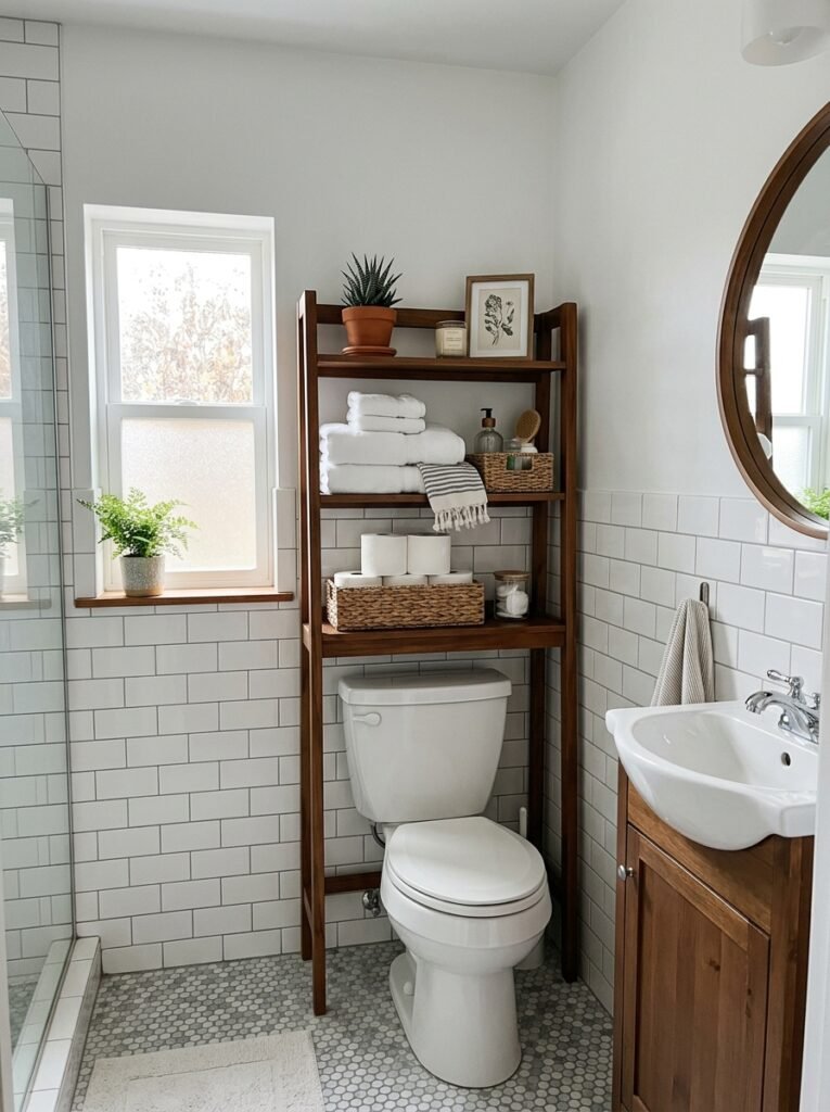 Freestanding storage étagère positioned over a toilet in a small bathroom
