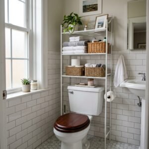 Freestanding storage étagère positioned over a toilet in a small bathroom
