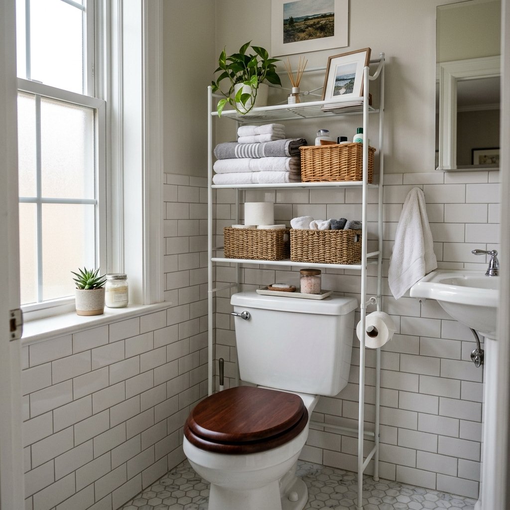 Freestanding storage étagère positioned over a toilet in a small bathroom