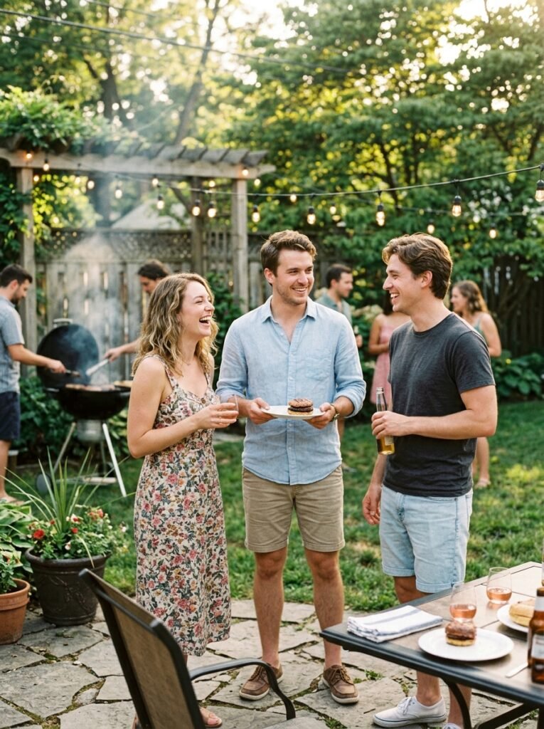 Friends at a Labor Day cookout wearing casual summer outfits