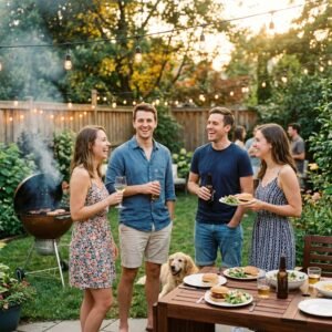 Friends at a Labor Day cookout wearing casual summer outfits