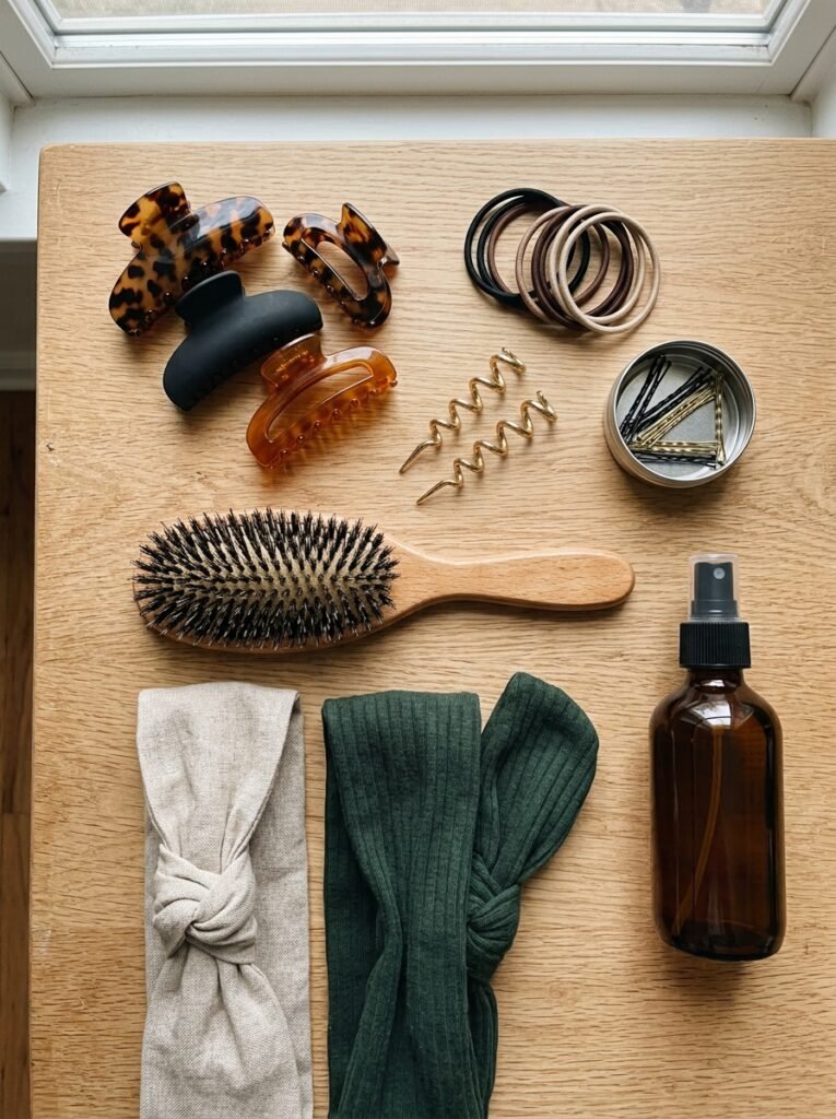 Flat lay of claw clips, elastics, pins, a brush, and headbands for quick hairstyles