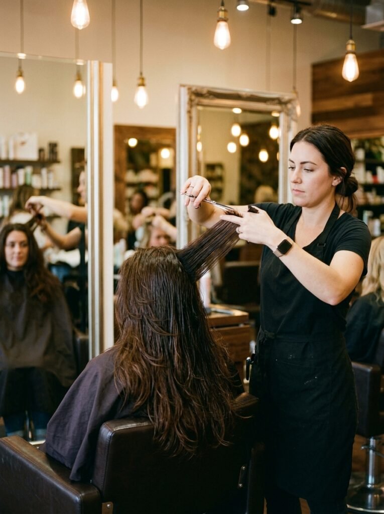 Hairstylist cutting long layers into thick hair at a salon
