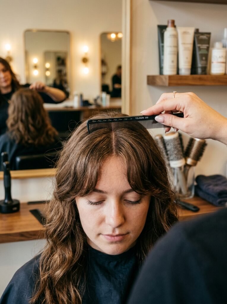 Hairstylist parting curtain bangs down the center of a client's hair