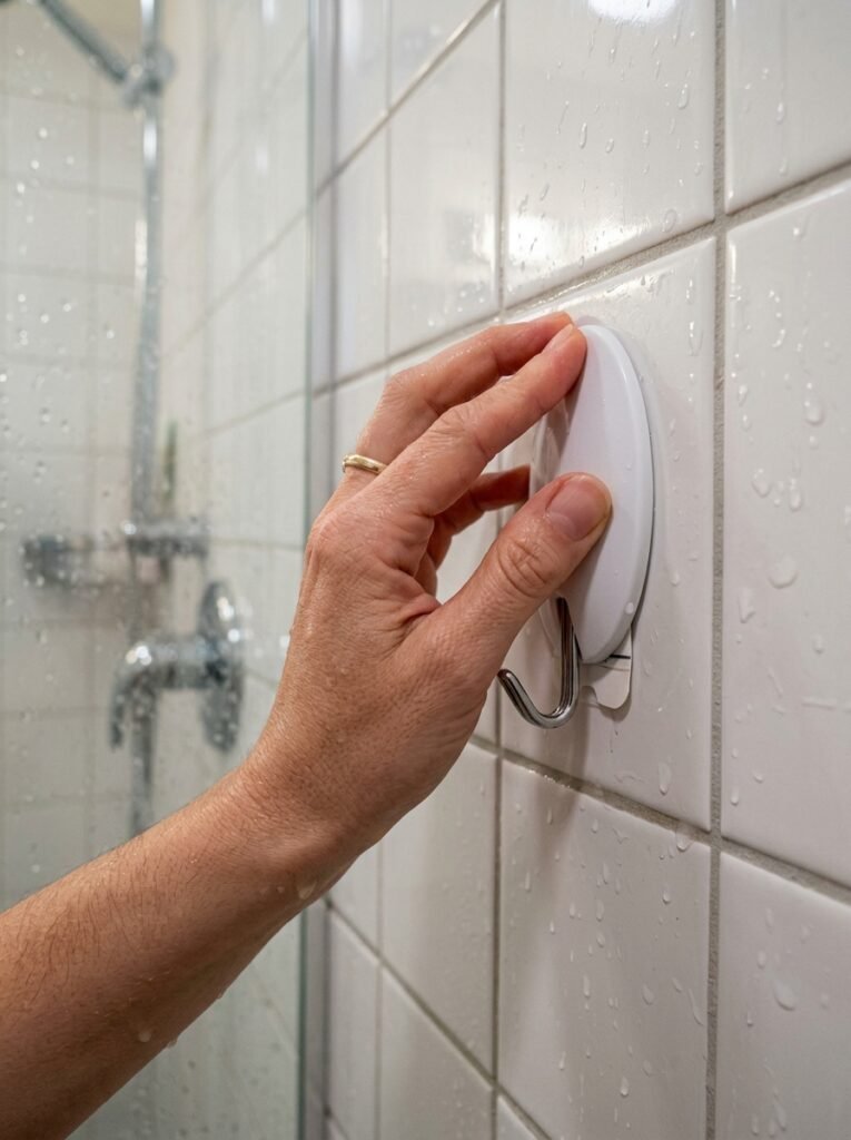 Hand pressing a humidity-rated adhesive hook onto a tiled shower wall