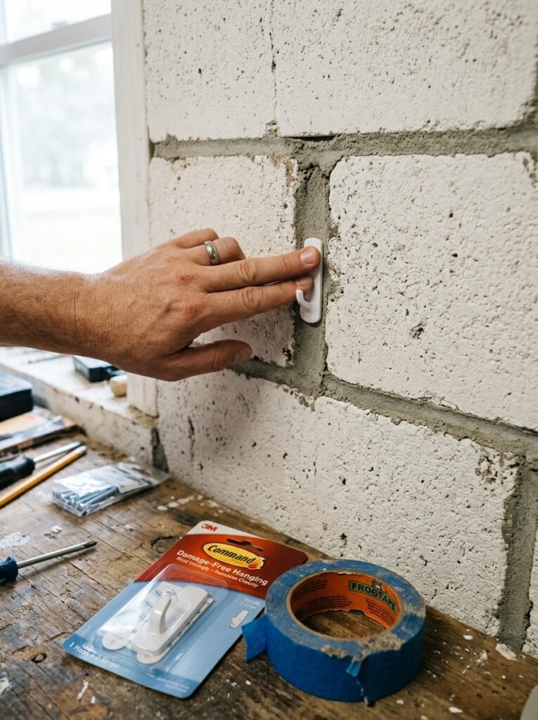 Hand applying a removable adhesive strip to a painted cinder block dorm wall