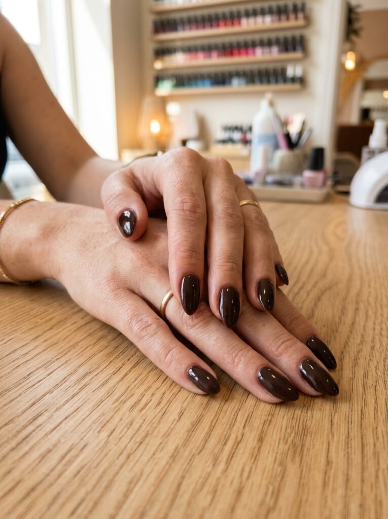Hands with deep brown fall nail polish resting on a wooden salon table