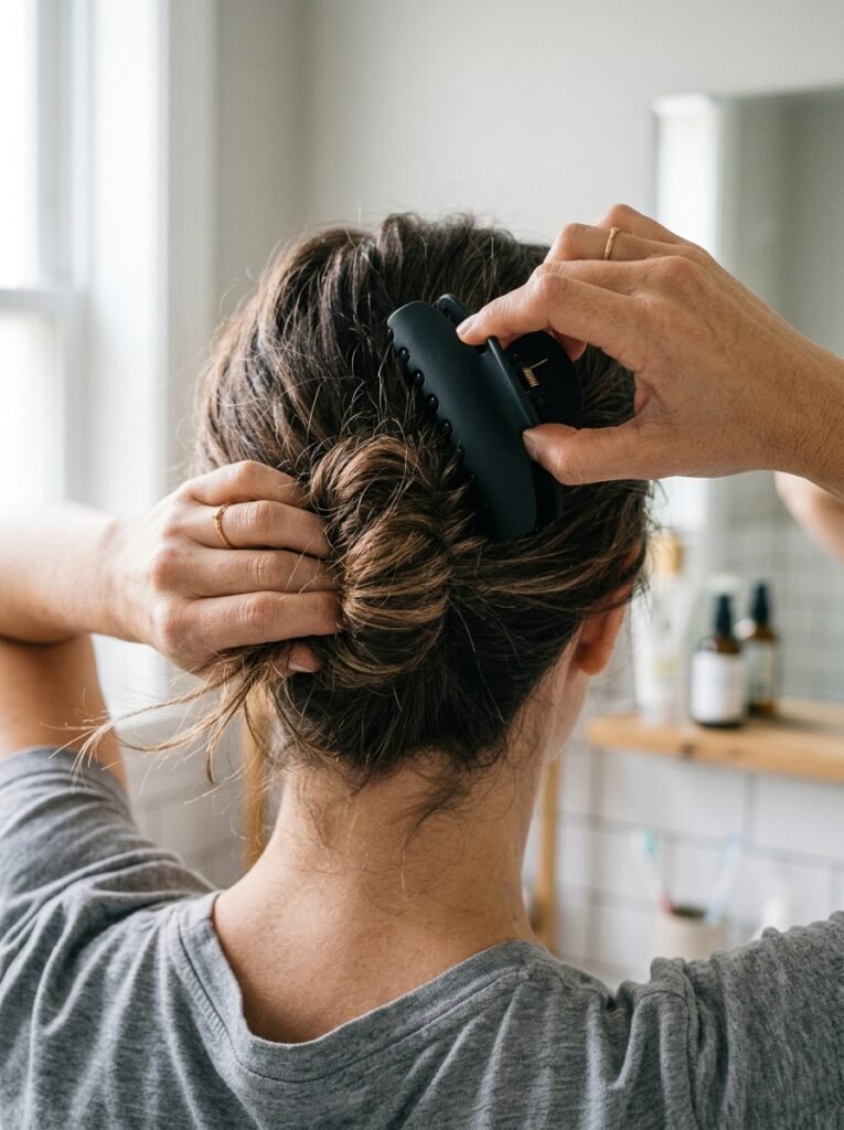 Hands twisting hair into a claw clip in under two minutes