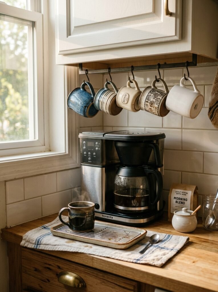 Kitchen coffee station zone with mugs hung under a cabinet
