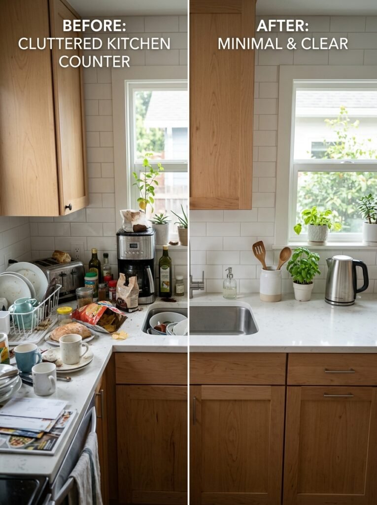 Kitchen counter cleared down to only daily-use items
