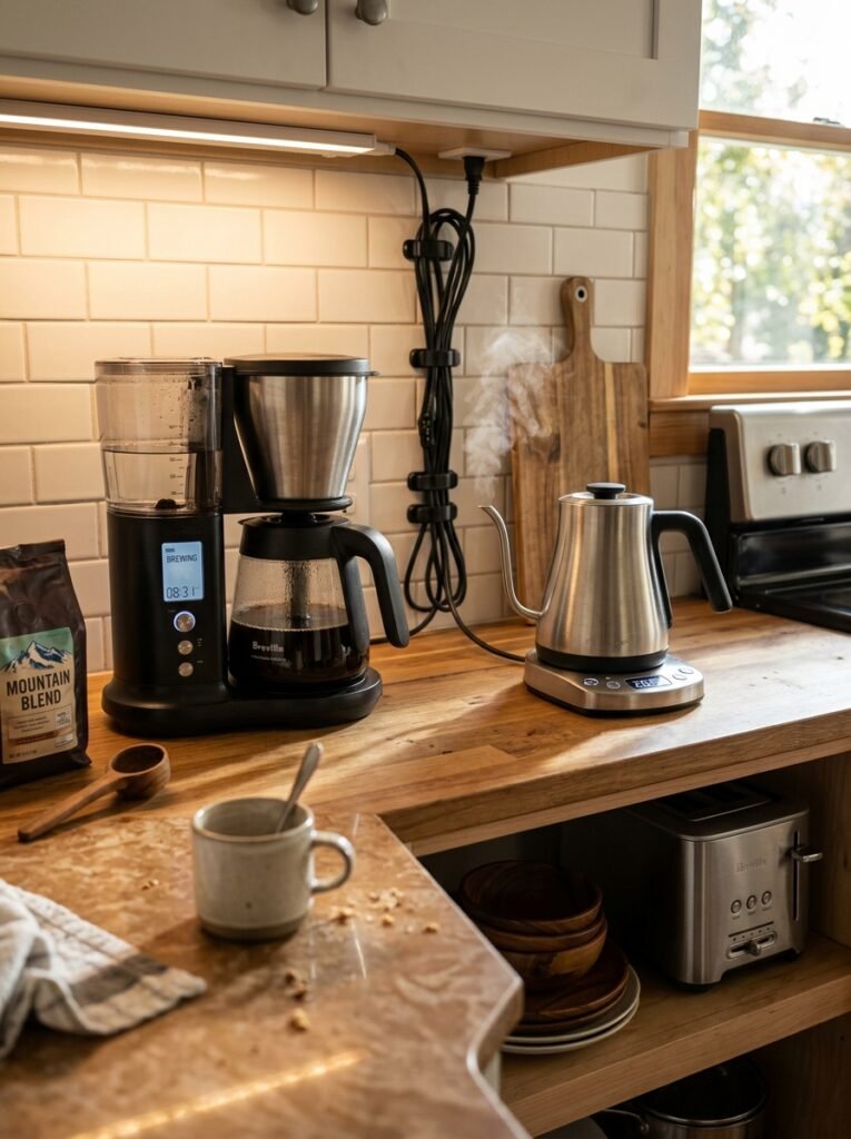 Kitchen counter with appliance cords neatly clipped and contained