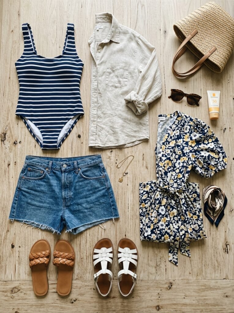 Labor Day weekend capsule wardrobe flat lay with swimwear and outfits