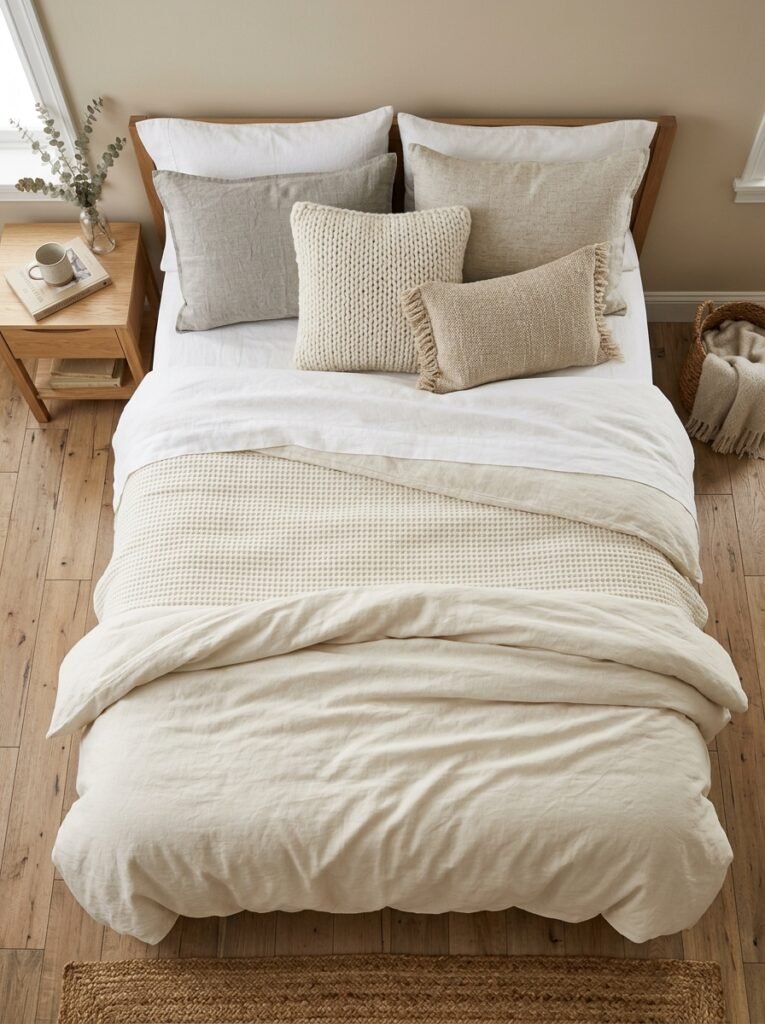 Layered bedding with mixed textures on a budget bedroom bed
