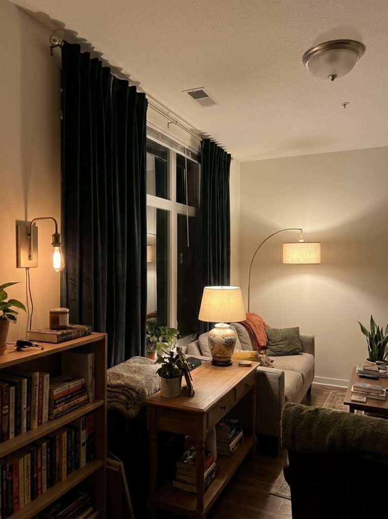 Small living room lit by a floor lamp, table lamp, and wall sconce in the evening
