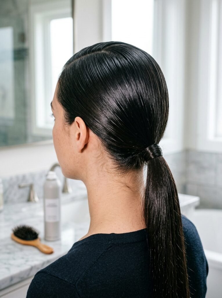 Sleek slicked back low ponytail styled on second day hair