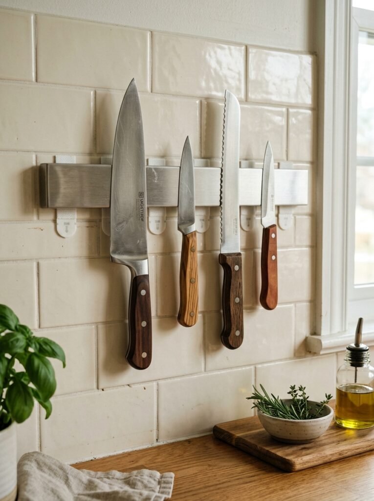 Magnetic knife strip mounted above a kitchen counter with adhesive strips