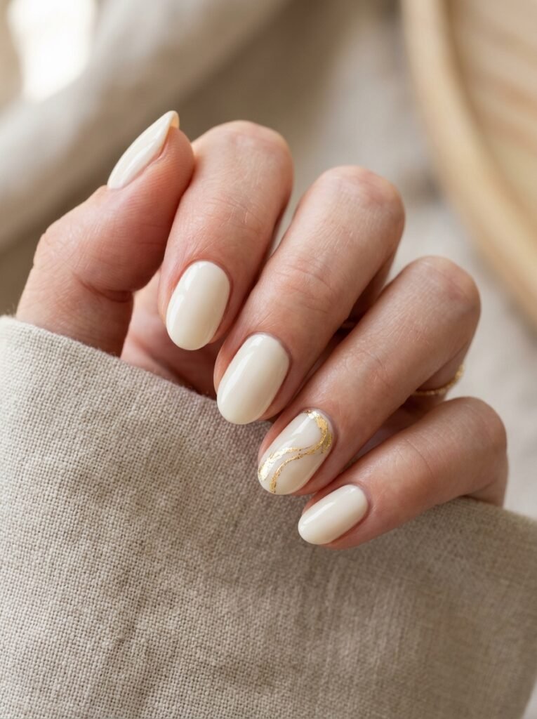Manicure with a single gold leaf accent nail over a cream base
