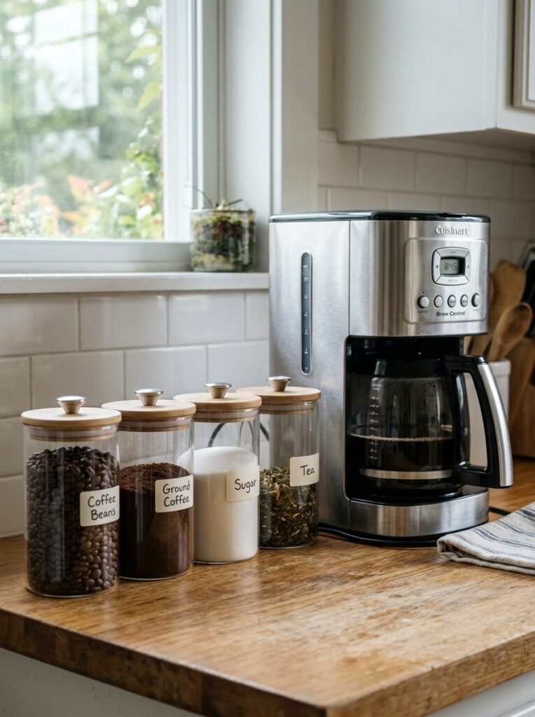 Matching light-colored canisters lined up on a small kitchen counter