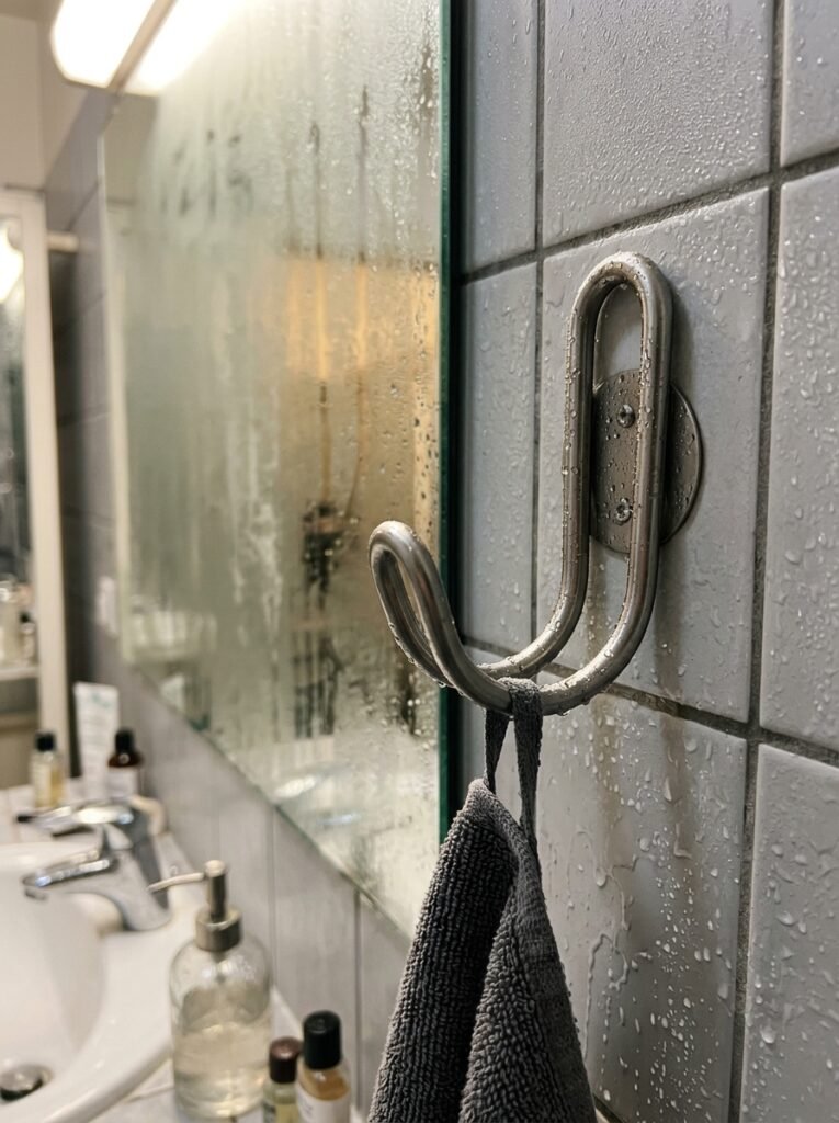 Metal wall hook near a bathroom sink with visible condensation