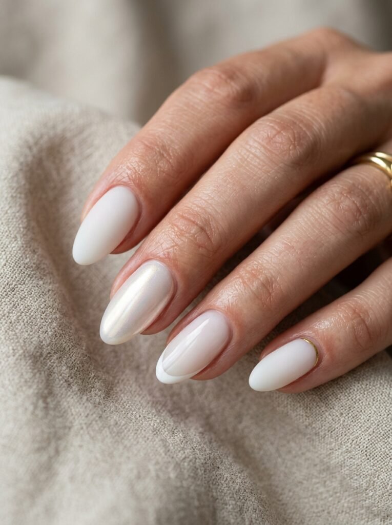 Milky white nails with micro French, chrome shimmer, matte, and gold line variations