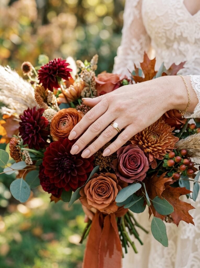 Bride's hand with a minimalist warm nude manicure resting on a fall bouquet