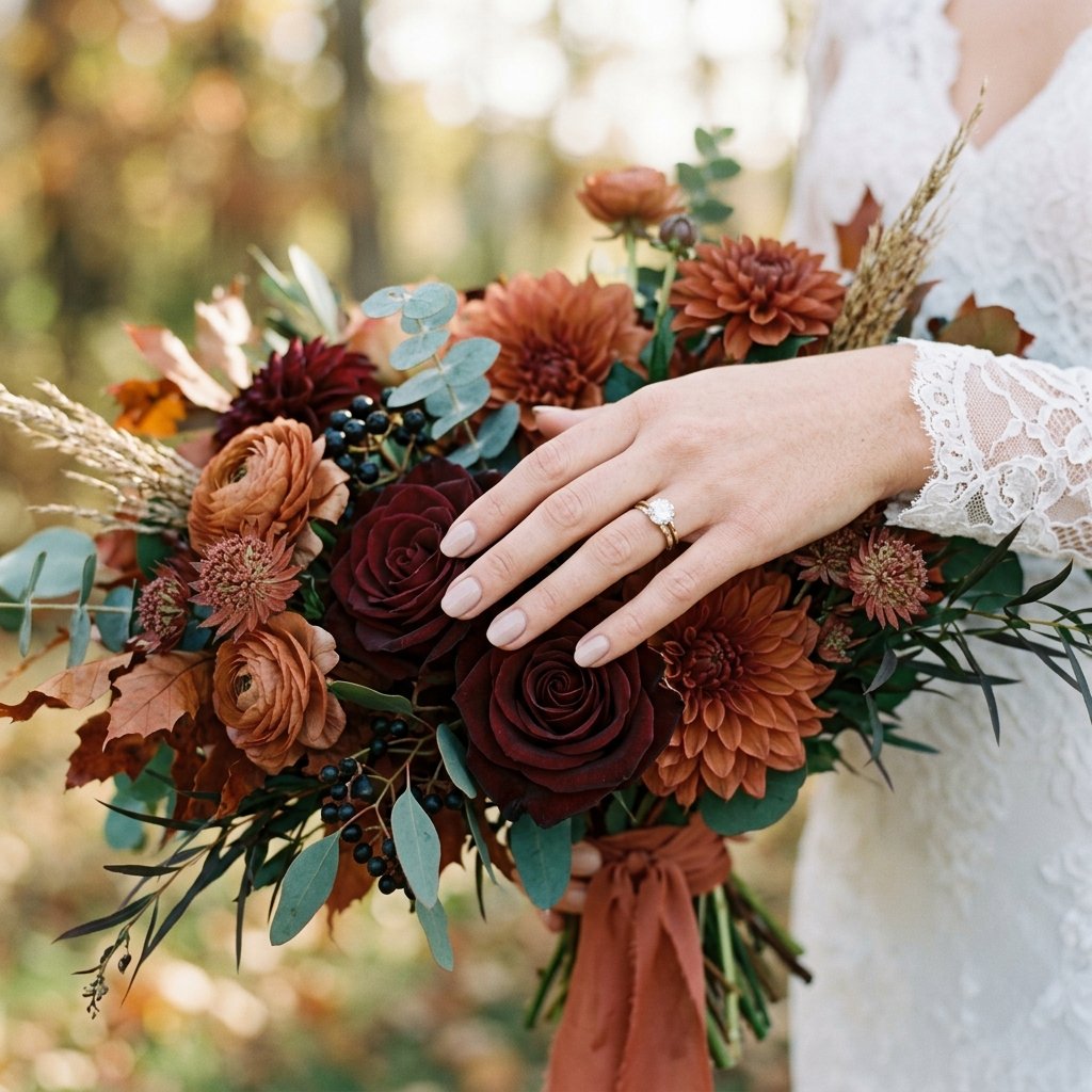 Bride's hand with a minimalist warm nude manicure resting on a fall bouquet