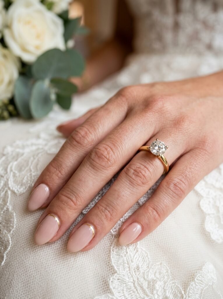 Minimalist bridal manicure with a fine gold cuticle line accent