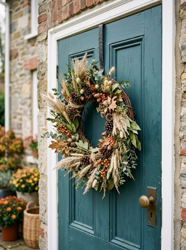 Mixed-texture fall wreath hung on a front door with an over-the-door hanger