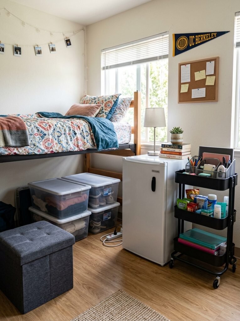 Storage ottoman, rolling cart, mini fridge used as a nightstand, and under bed bins