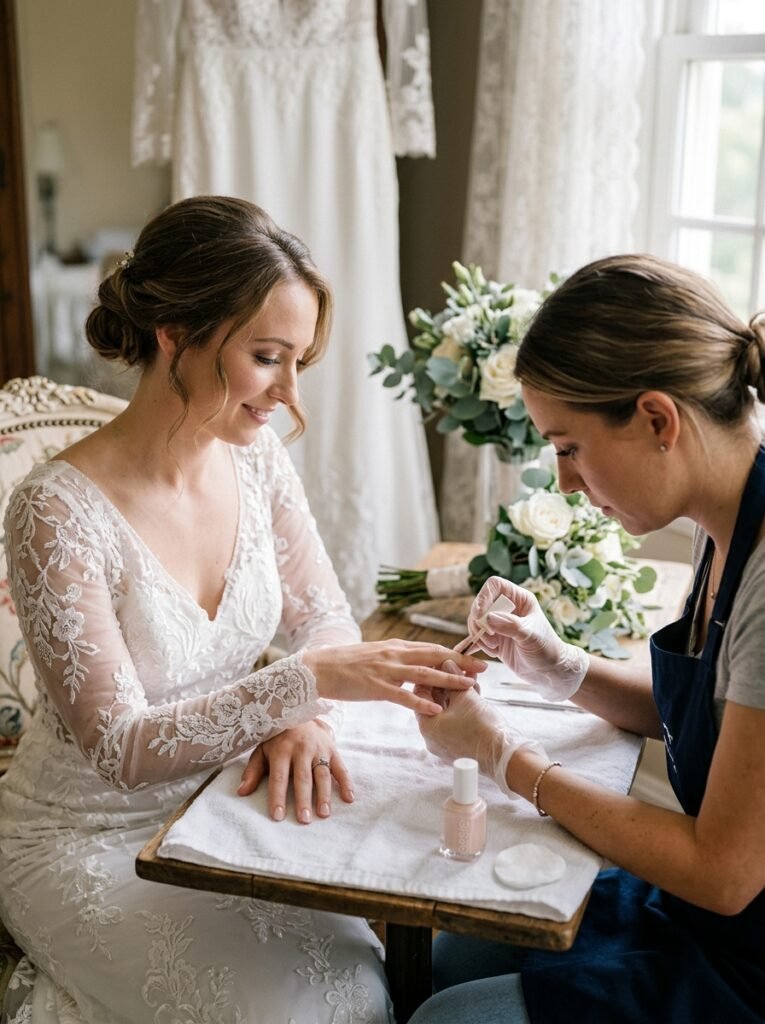 Nail technician applying a sheer nude polish for a minimalist bridal manicure