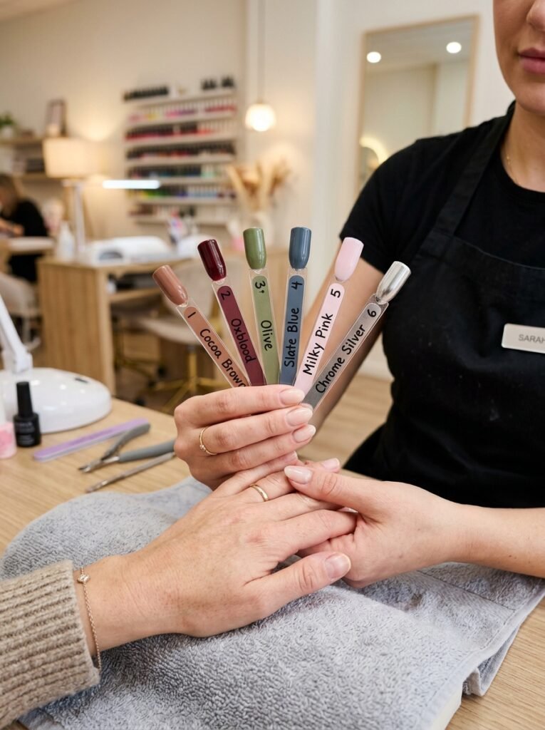 Nail technician comparing fall polish color sticks against a client's hand