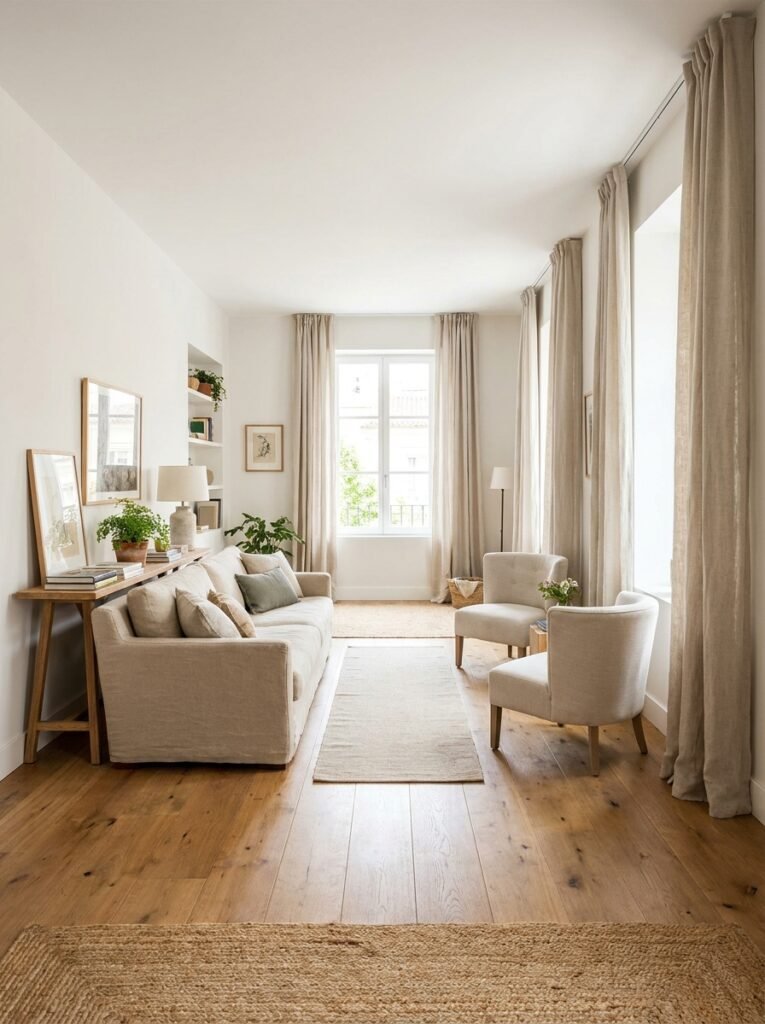 Narrow apartment living room arranged with a slim sofa, console table, and clear center walkway
