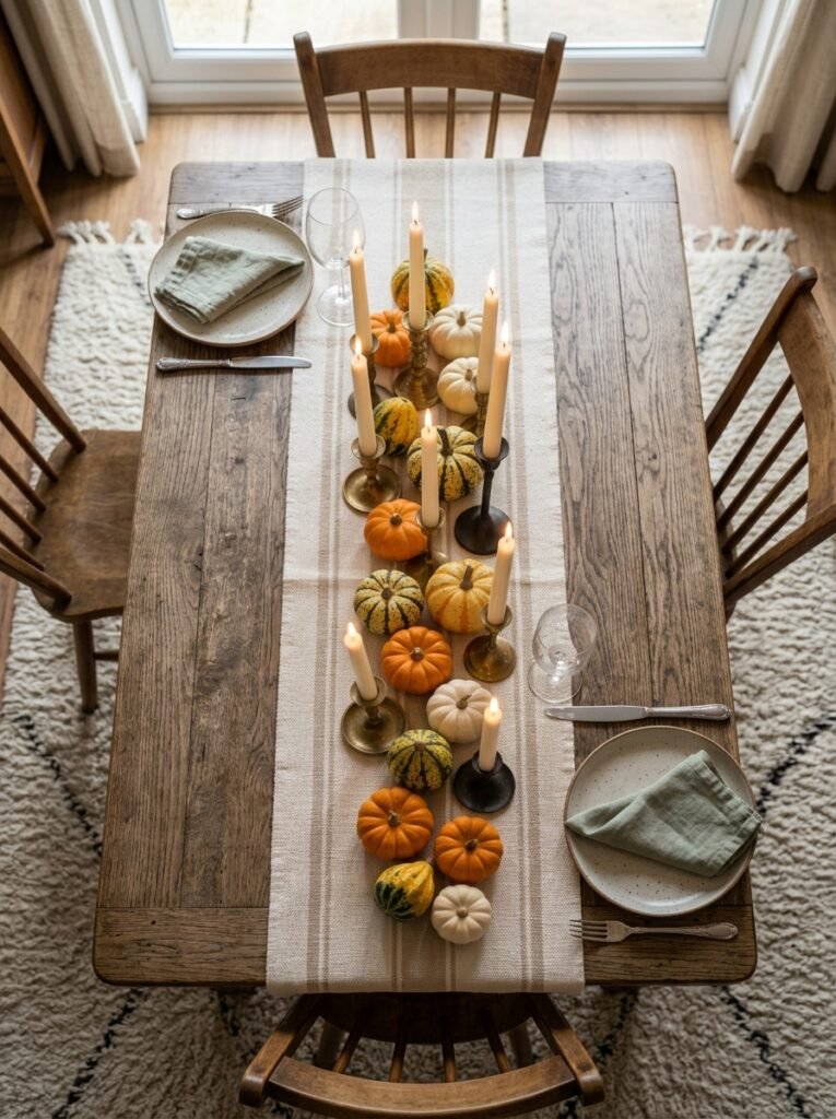 Narrow table runner with varying height taper candles on a small Thanksgiving table