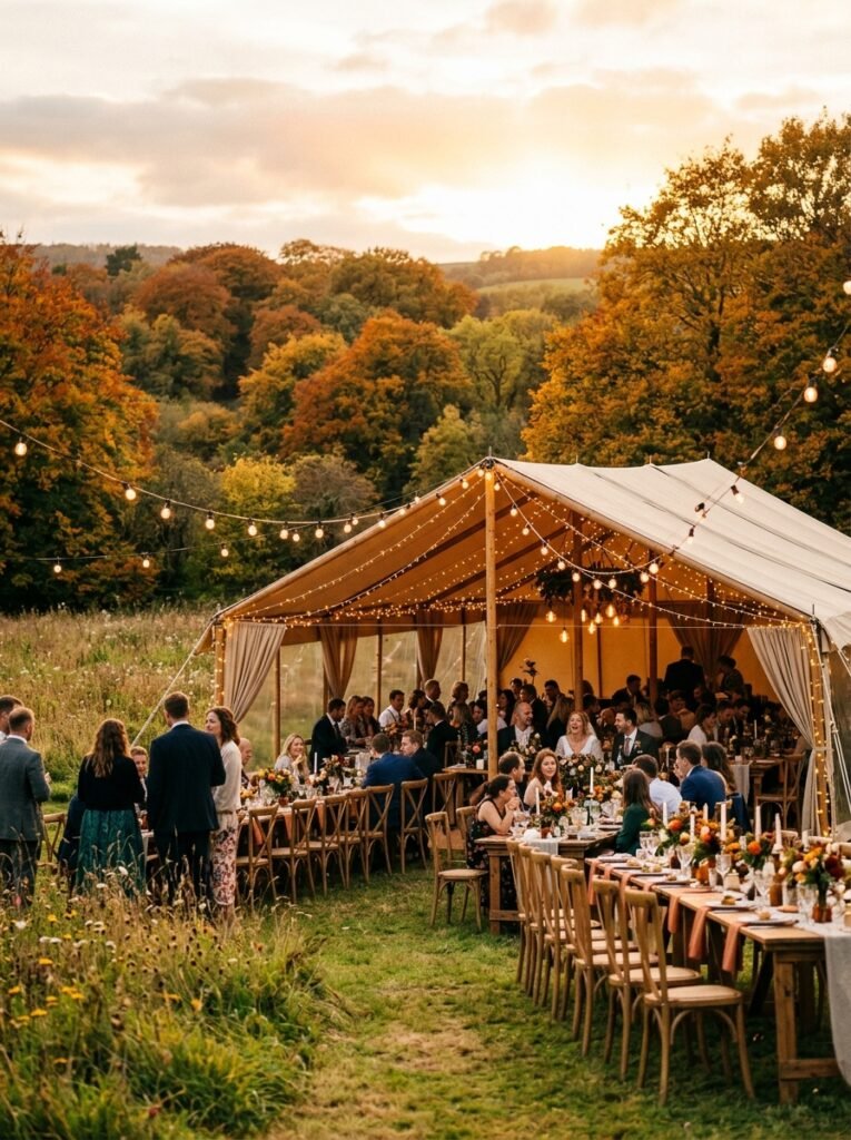 Outdoor wedding tent in a field during golden hour with autumn trees in the background
