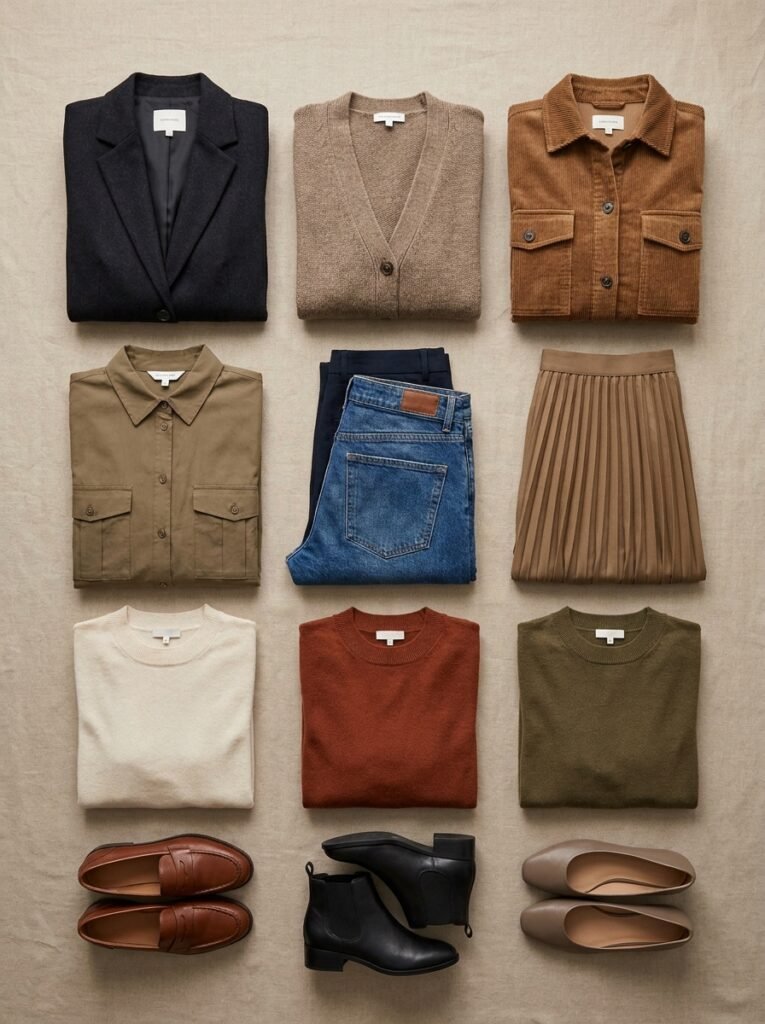 Overhead flat lay of a fifteen piece business casual fall office capsule wardrobe