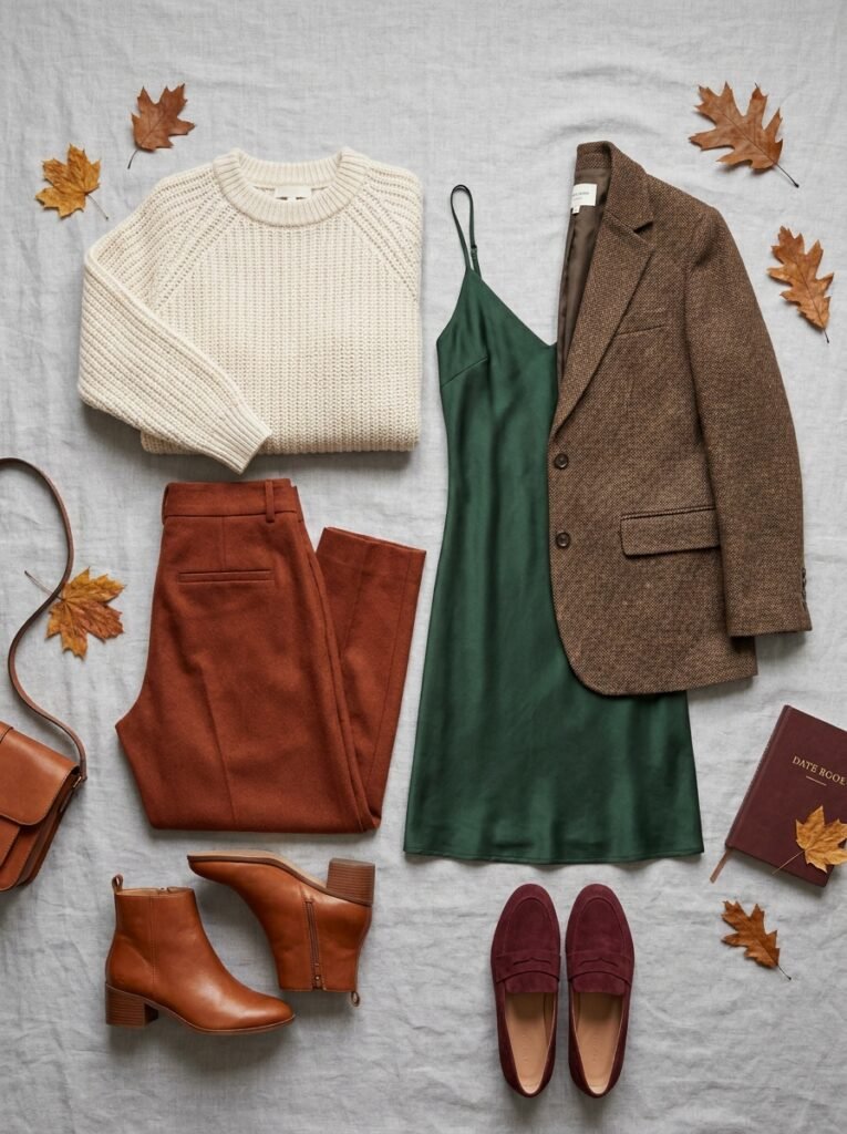Overhead flat lay of a small fall date-night capsule wardrobe with sweater, trousers, dress, and shoes