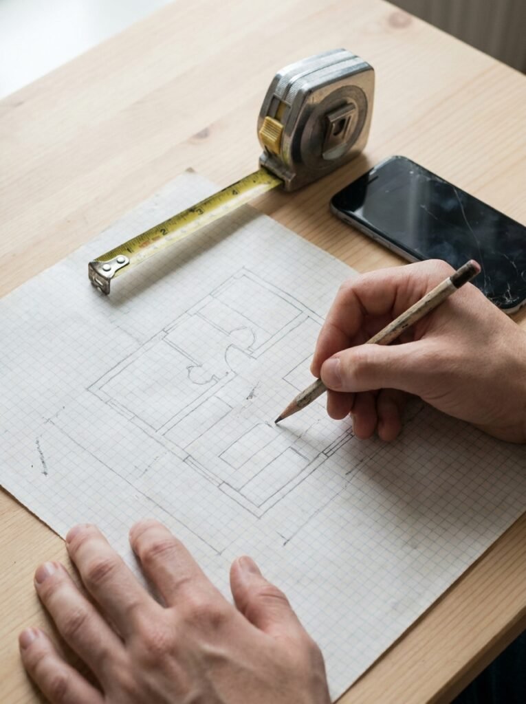 Person sketching an apartment living room floor plan on graph paper with a tape measure nearby