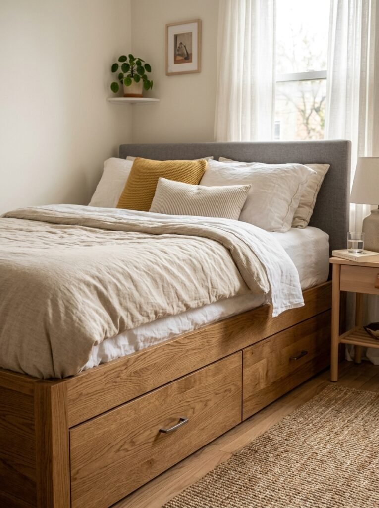 Platform bed with built-in storage drawers in a studio apartment