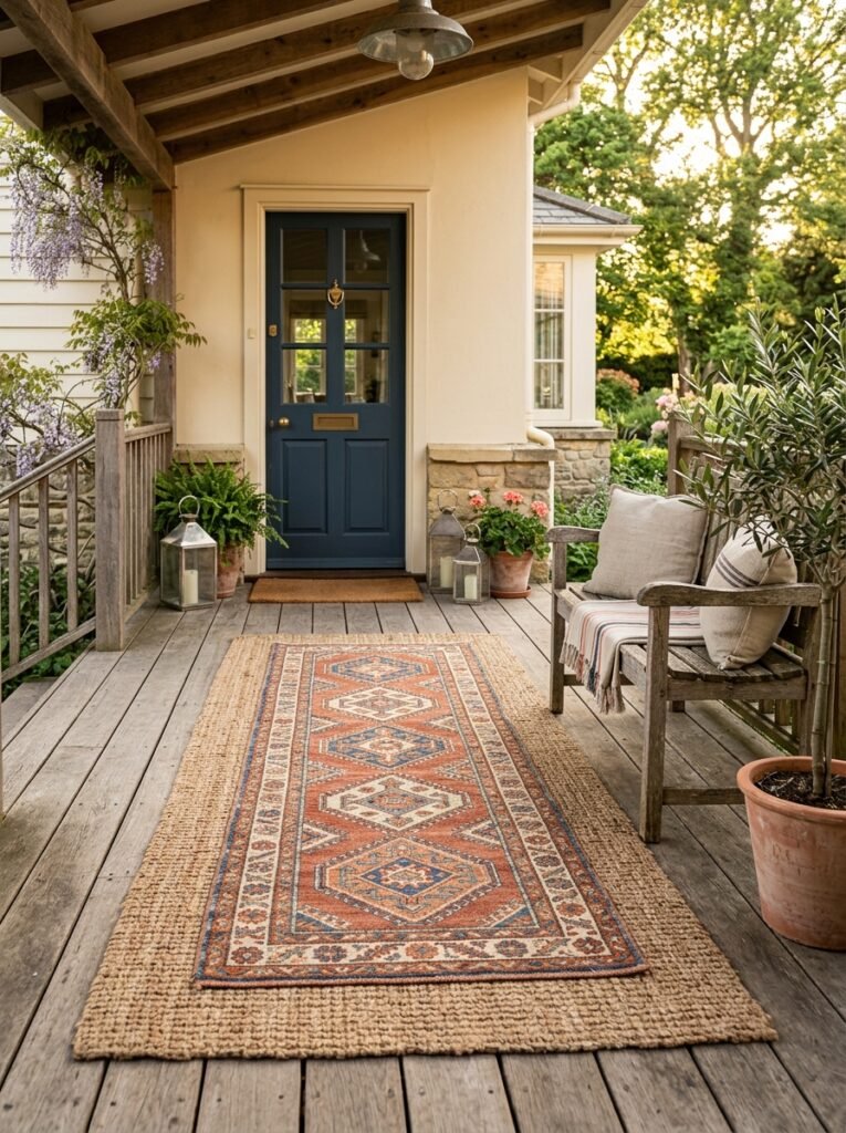 Porch floor with a layered outdoor runner rug leading to the front door