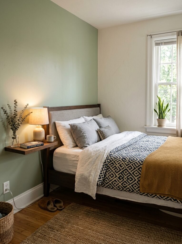 Queen bed placed in a corner layout in a small bedroom