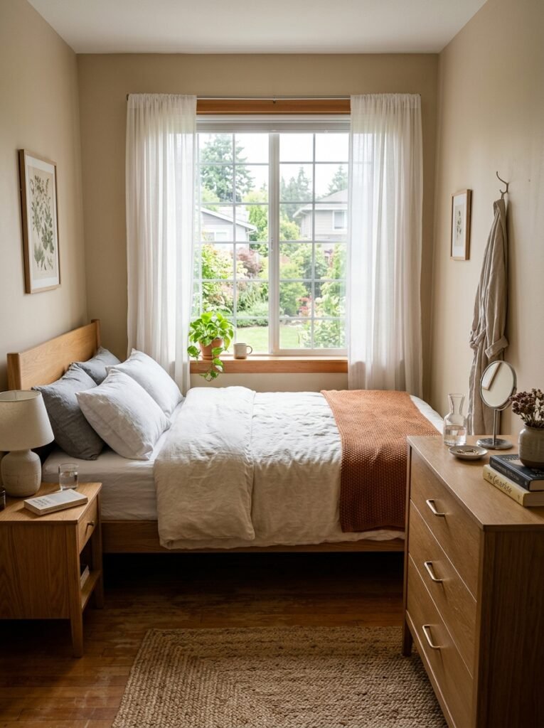 Queen bed positioned under a window in a small bedroom layout