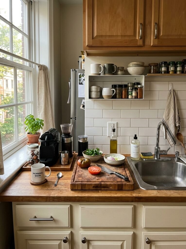 Rental kitchen counter organized into a coffee zone and a clear prep zone