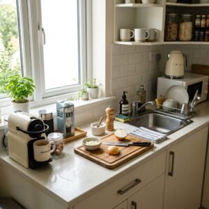 Rental kitchen counter organized into a coffee zone and a clear prep zone