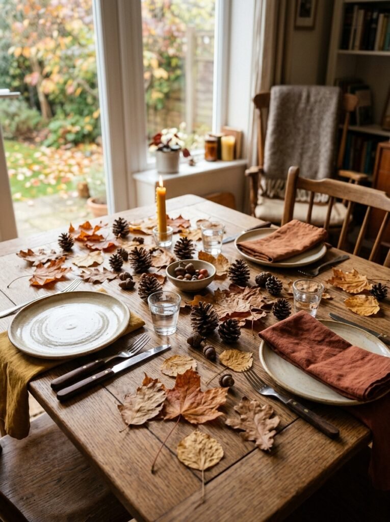 Scattered dried leaves used as a low-footprint Thanksgiving table decoration