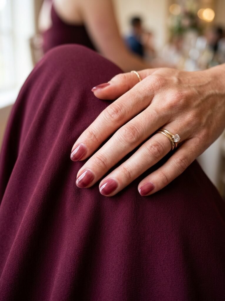 Sheer wine-colored minimalist manicure paired with a burgundy dress fabric