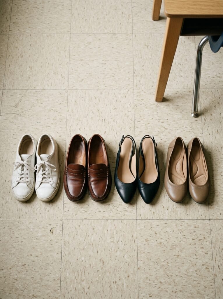 Sneakers, loafers, block heel slingbacks, and flats arranged for a teaching week