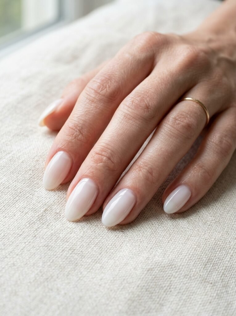 Short almond nails painted in glossy milky white polish resting on cream linen