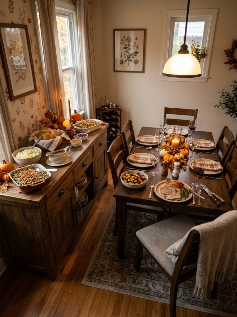 Sideboard holding serving dishes beside a small styled Thanksgiving table