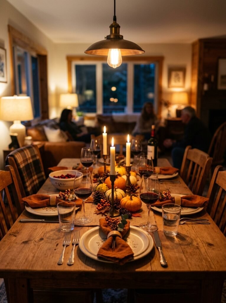 Small Thanksgiving table lit with candlelight and a single overhead pendant